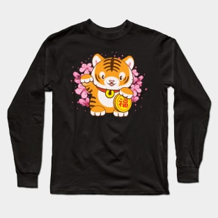 Cute Lucky Tiger with Pastel Pink Sakura Kawaii Aesthetic Long Sleeve T-Shirt